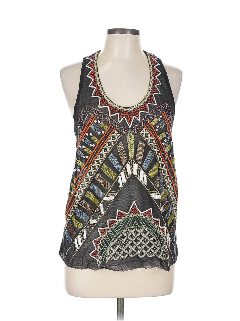 Free People Black beaded Geometric mesh Tank Top